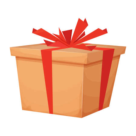 Surprise cardboard present box with ribbon, prize or reward in cartoon style isolated on white background. Promotion, lucky bonus.のイラスト素材