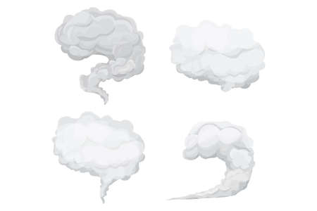 Set Grey cloud, smoke or fog in cartoon style isolated on white background. Weather element, fluffy bubble.のイラスト素材