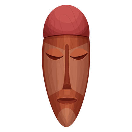 African tribal wooden mask, totem face, aborigine avatar in cartoon style isolated on white background. Detailed objects.のイラスト素材