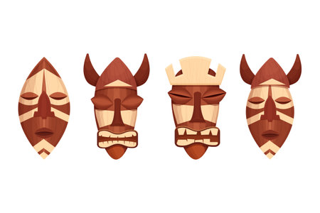 Set african tribal wooden mask, totem face, aborigine avatar in cartoon style isolated on white background. Detailed objects.のイラスト素材