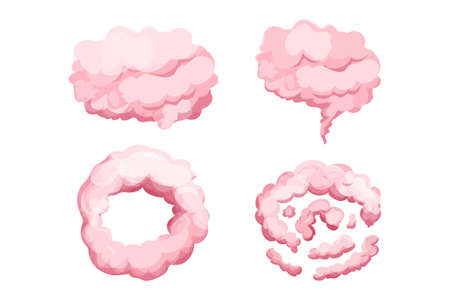 Set pink clouds, fluffy magic in cartoon style isolated on white background. Collection smoke, fog cute decoration. Ui game asset.のイラスト素材