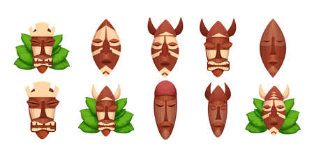 Set african tribal wooden mask, totem face, aborigine avatar in cartoon style isolated on white background. Detailed objects.のイラスト素材