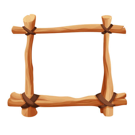 Frame, border from wood branch, sticks and leather rope in comic cartoon style isolated on white background. Tribal, rural clip art. Ui game asset.のイラスト素材