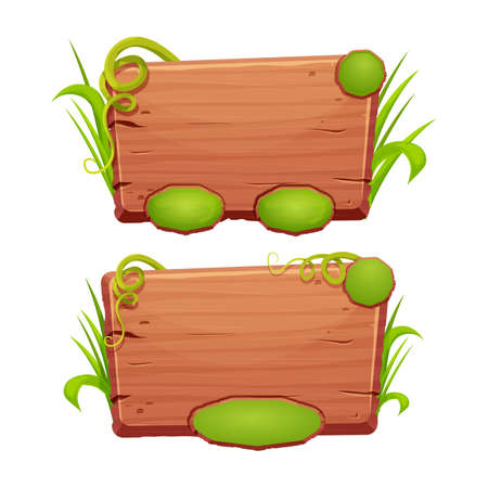 Jungle wooden frame with grass and liana, user interface, menu board in comic cartoon style isolated on white background.のイラスト素材