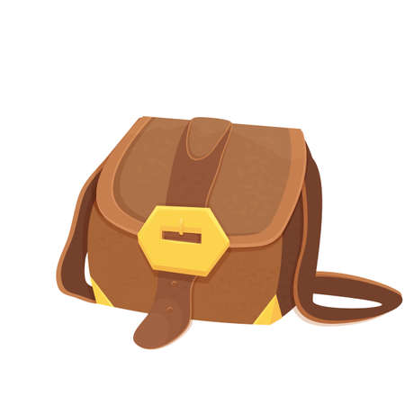 Old leather bag, suitcase decorated with gold detailed in cartoon style isolated on white background. Ui game 2d asset. Medieval, archival fantasy accessory.のイラスト素材