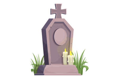 Stone grave, memorial with grass and candles in cartoon style isolated on white background. Funeral, cemetery object. Afterlife monument.のイラスト素材
