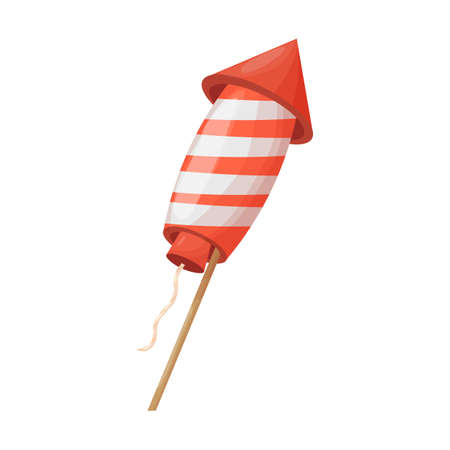 Firework rocket with stripes, rope in cartoon style isolated on white background. Celebration element, exploding petard.のイラスト素材