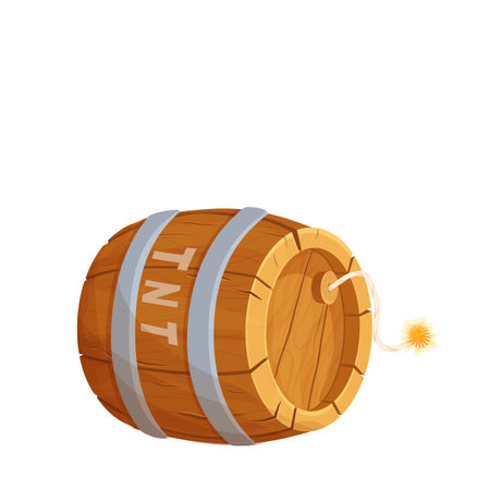 TNT wooden barrel with detonator in comic cartoon style isolated on white background. Explosive weapon, bomb. Ui game asset.のイラスト素材