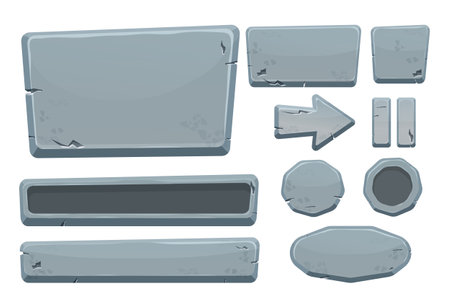 Stone buttons collection, set of rock assets in cartoon style isolated on white background. Mineral detailed objects ui game interface, app pannel.のイラスト素材