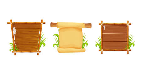 Set Frames from bamboo sticks, wooden planks, parchment paper decorated with rope, grass and liana in comic cartoon style isolated on white background. Border, jungle panel. Game asset, menuのイラスト素材