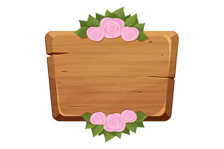 Wood frame, plank decorated with flowers and leaves, boarder in cartoon style isolated on white background. Rural, vintage signboard, romantic empty panel.のイラスト素材