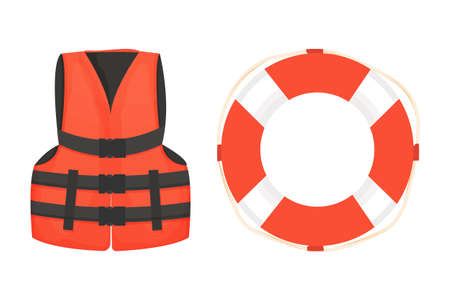 Life jacket and life buoy with rope and belt equipment for safety in cartoon style isolated on white...