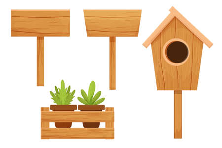 Set wooden birdhouse, empty billboard, sign and wooden box with flowerpots isolated on white background. Textured, detailed objects, seasonal decoration, beige elegant color in cartoon style.のイラスト素材