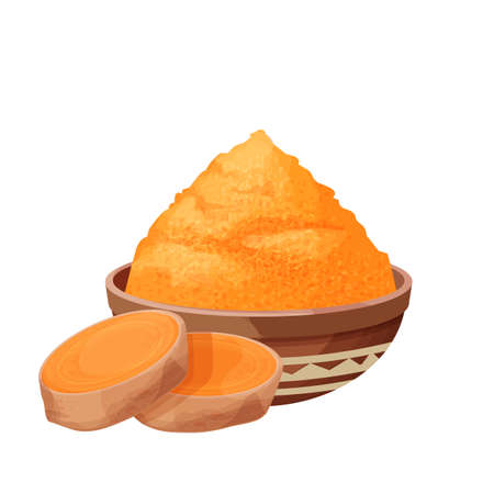 Turmeric, curcuma dry powder in bowl in cartoon style isolated on white background. Homeopathy ingredient, aromatic Asian cuisine, close upのイラスト素材