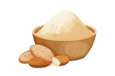 Almond powder, flour in wooden bowl with almond nuts in nutshell in cartoon style isolated on white background. Baking ingredient, nutrient food.のイラスト素材