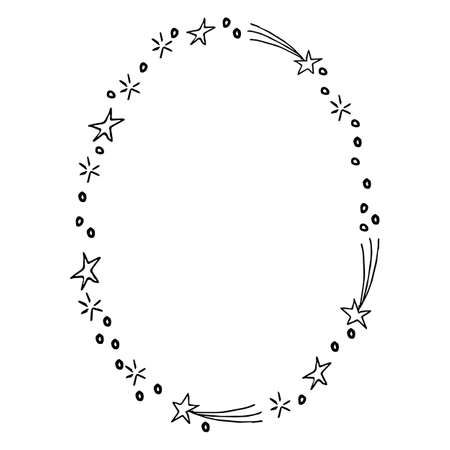 Border oval frame in simple style with stars, lines, circles isolated on white background. Doodle cute decoration.のイラスト素材
