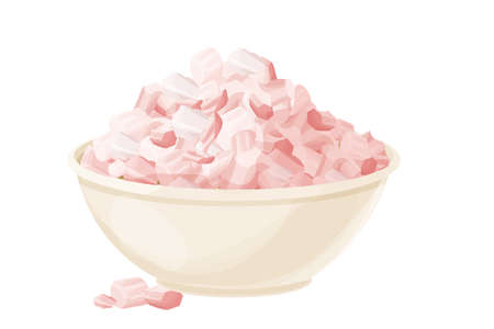 Himalayan pink salt pile, grain mineral spice in bowl in cartoon style isolated on white background. Organic, natural ingredient.のイラスト素材