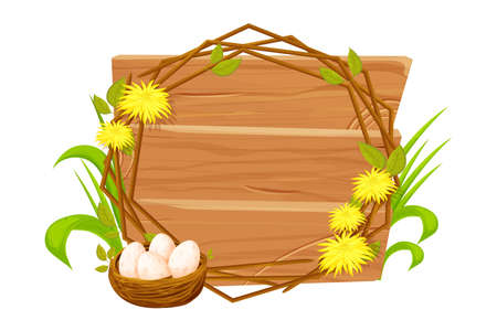 Frame from wood branch with leaves, spring garland from sticks, cute decoration in cartoon style isolated on white background.のイラスト素材