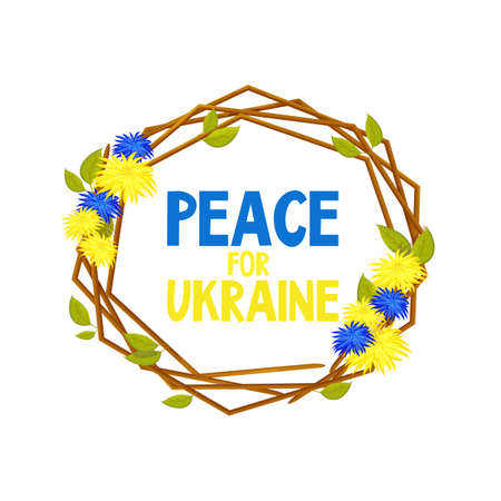 Ukrainian frame from sticks with flowers text Peace for Ukraine with two colors blue and yellow in cartoon style. Elements for design.のイラスト素材