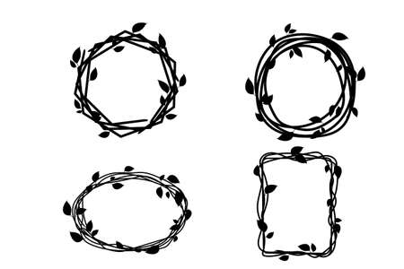 Set Elegant floral frame, border silhouette in hand drawn doodle style isolated on white background. Wreath decoration, delicate clip artのイラスト素材