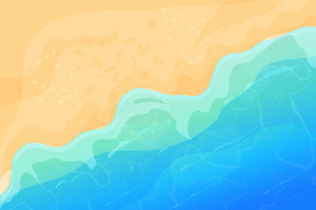 Summer beach with sand and waves top view in cartoon style, background. Tropical coast line, landscape, scenery.のイラスト素材