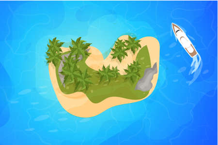 Tropical island and yacht or boat top view, resort with palm trees, sand and waves in cartoon style isolated on white background. Summer aerial, landscape.のイラスト素材