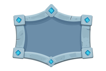 Stone frame with border and gemstones, shield shape, empty medieval menu panel in cartoon style isolated on white background.のイラスト素材
