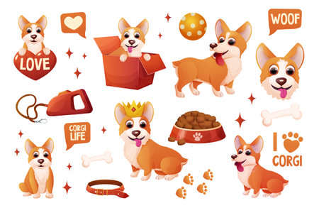 Set corgi dog stickers with crown, wings, sitting, adorable pet, activities in cartoon style isolated on white background. Comic emotional character, funny poseのイラスト素材