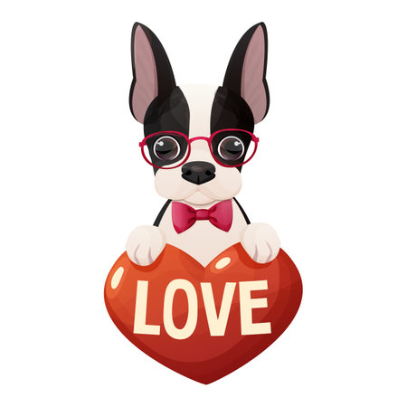 Cute boston terrier dog with heart, text Love, adorable pet in cartoon style isolated on white background. Comic emotional character, funny poseのイラスト素材