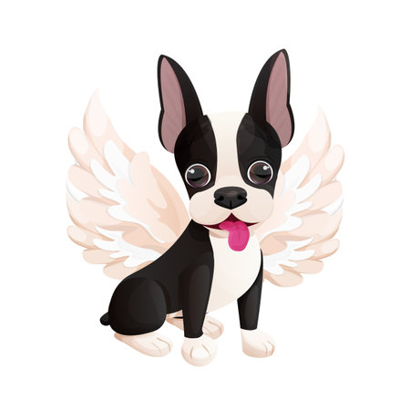 Cute Boston terrier cool sweet puppy sitting with angel wings in cartoon style isolated on white background. Cute dog, print designのイラスト素材