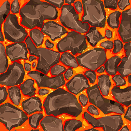 Lava, magma with stones in cartoon style seamless pattern background. Eruption effect, landscape. Texture, designのイラスト素材