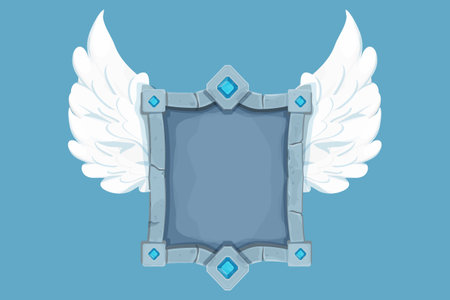 Stone shield, frame with gemstones and wings game reward board in cartoon style isolated on background. Magic royal asset, template.のイラスト素材