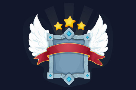 Stone shield, frame with gemstones, award ribbon, wings, golden stars game victory board in cartoon style isolated on background. Magic royal asset, template.のイラスト素材