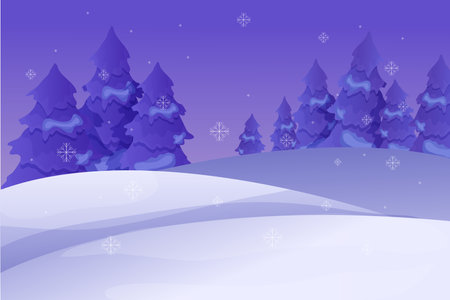 Winter night, snowy scene, forest magic landscape in cartoon style.のイラスト素材