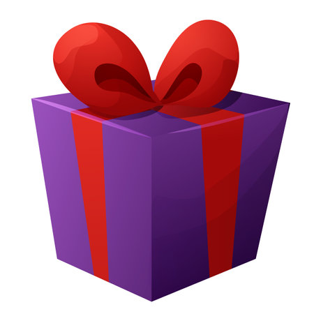 Present box with red bow, ribbon cute gift with wrapped paper, surprise in cartoon style isolated on white background.のイラスト素材