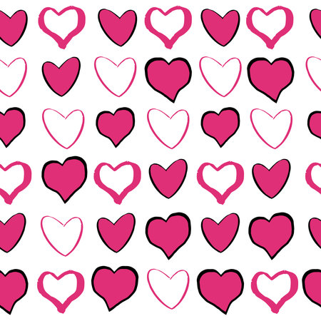 Heart pink romantic doodle seamless pattern with black hearts. Shape on white background in hand...