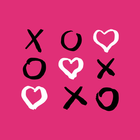Tic tac toe doodle game with cross and circle sign, cute heart mark isolated on white background.のイラスト素材