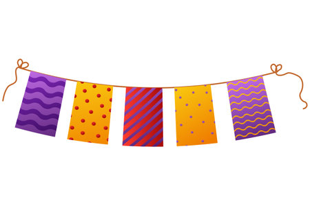 Birthday garland, hanging flags, bright ribbon or decoration in cartoon style isolated on white background.のイラスト素材