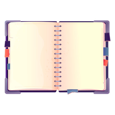 Diary, note book in cartoon style top view isolated on white background. Book with bookmarks and spiral, daily planner.のイラスト素材