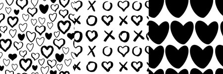 Set heart romantic doodle seamless patterns with black hearts, tic tac toe elements. Shape on white...