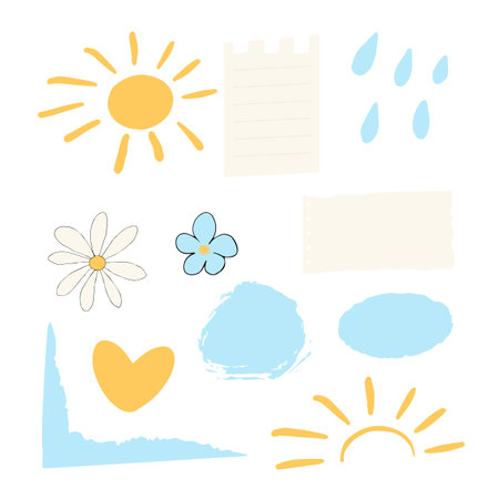 Set doodle ink, brush design elements with flowers,sun, rain drops, decorations abstract free hand brush drawing isolated on white background.のイラスト素材