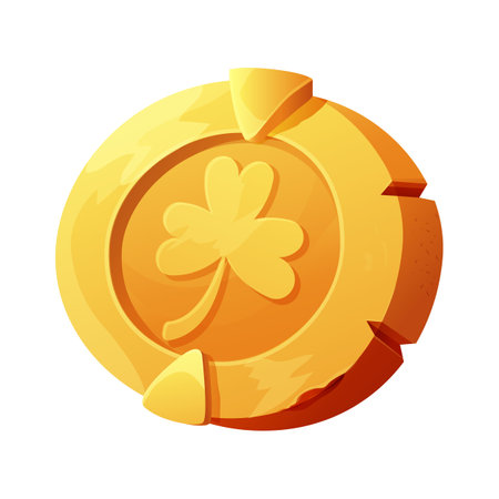 Golden coin with clover lucky symbol, irish penny Celtic celebration element in cartoon style isolated on white backgroundのイラスト素材