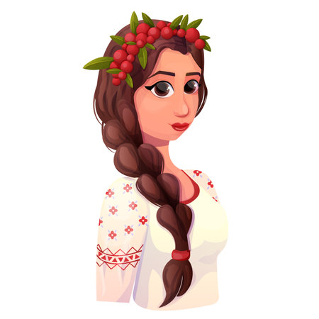 Woman portrait traditional wear European Ukraine with braid and wreath in cartoon style, folklore girl, isolated on white backgroundのイラスト素材