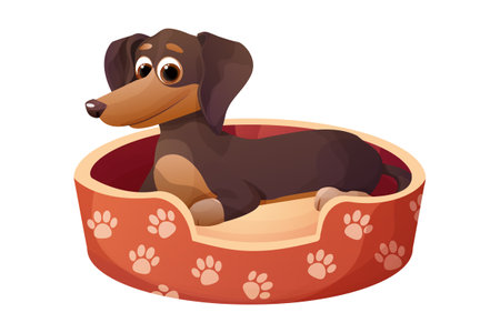 Cute puppy dachshund dog in bed decorated with paws, lying happy animal in cartoon style isolated on white background.のイラスト素材