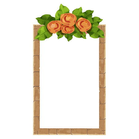 Stone Frame with floral elegant decoration, flowers and leaves in cartoon style, border isolated on white background.のイラスト素材