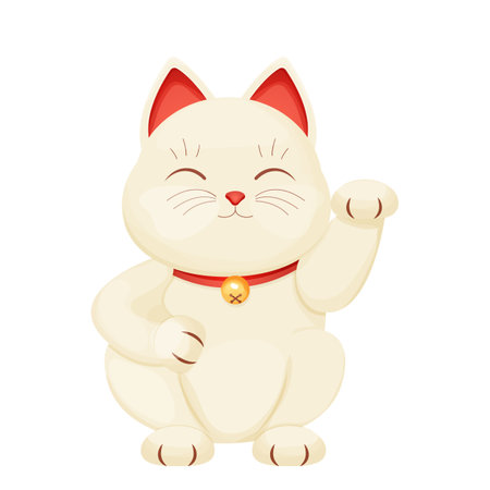 Maneki neko cat tradition figure lucky symbol, pet with collar and bell in cartoon style isolated on white backgroundのイラスト素材