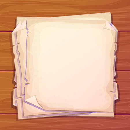wooden desk, table with parchment paper notes top view in cartoon style. Antique document, empty pages.のイラスト素材