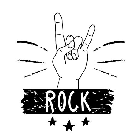Hand with gesture, text Rock and stars doodle emblem, symbol isolated on white background. Grunge print.のイラスト素材