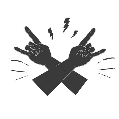 Crossed hands with gesture with light bolt doodle emblem, symbol isolated on white background. Grunge print.のイラスト素材