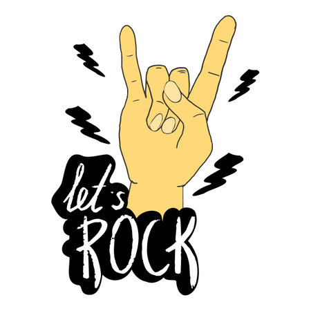 Hand with gesture, text Rock and stars doodle emblem, symbol isolated on white background. Grunge print.のイラスト素材